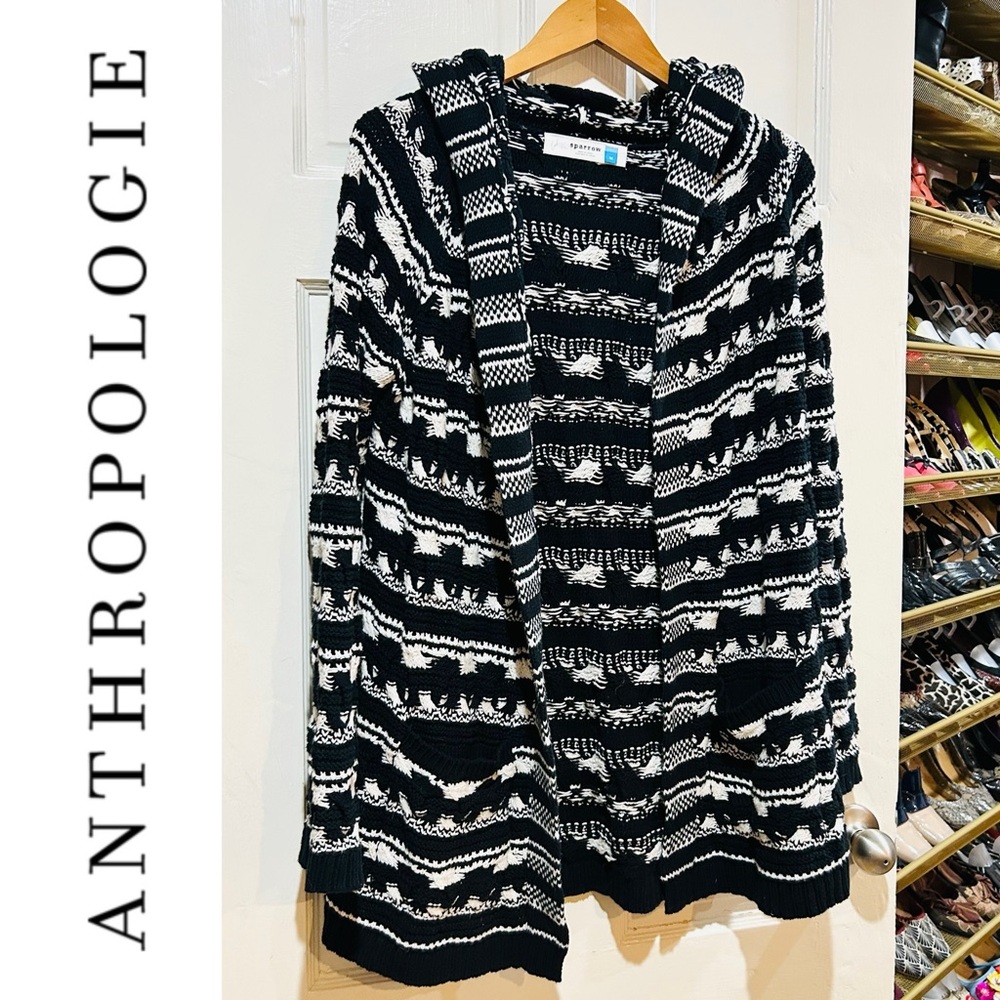Anthropologie Sparrow Black & White Open Chunky Knit Sweater Cardigan Hood M - Picture 1 of 8